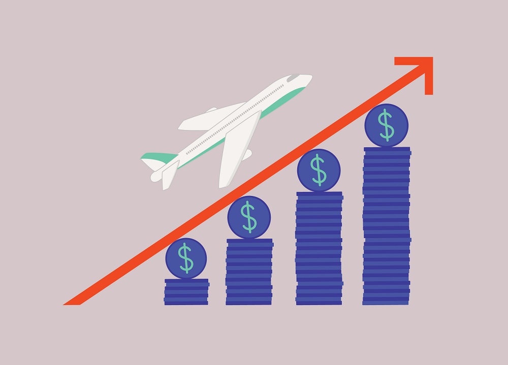 Airfares Rising. Airplane Flying Up A Steep Arrow Tow