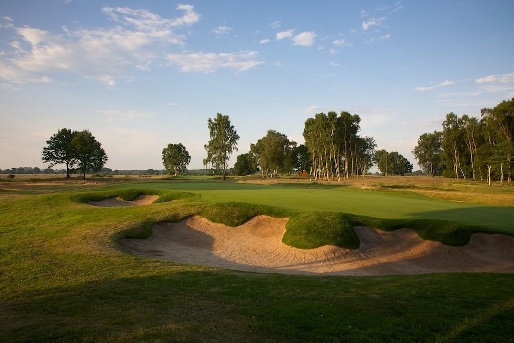 Late afternoon sun on a heathland green at Fulford Golf Club, guarded by deep revetted bunkers with silver birches beyond