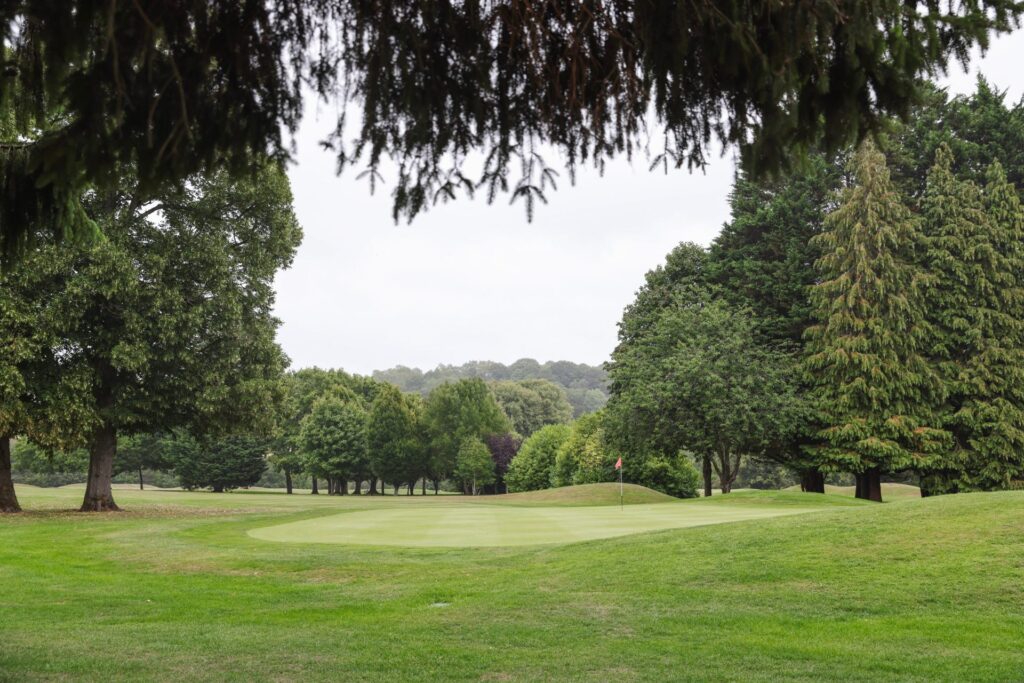 A tree-lined green on the parkland course at Donnington & Co