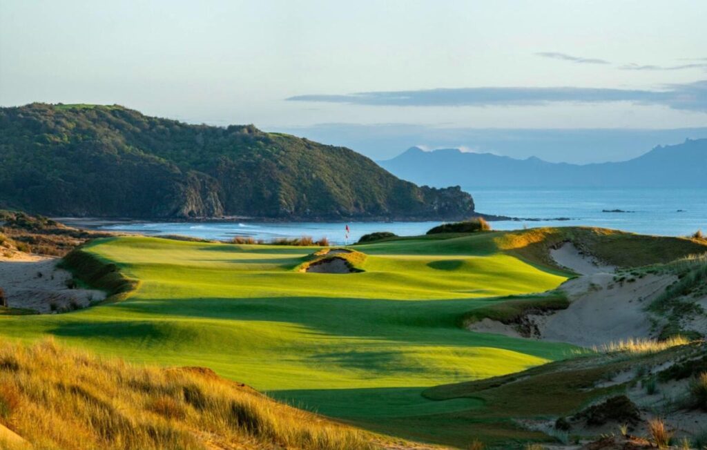 The 14th hole on the South Course at Te Arai Links, one of seven courses on Voyages.golf’s 2027 New Zealand golf tour