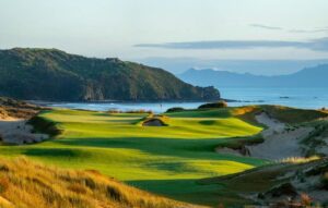 The 14th hole on the South Course at Te Arai Links, one of seven courses on Voyages.golf’s 2027 New Zealand golf tour